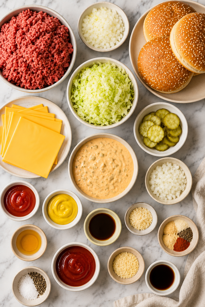 Flat lay of ingredients for Big Mac sloppy joes including ground beef, sesame seed buns, cheese, lettuce, pickles, onions, and homemade burger sauce on a marble countertop