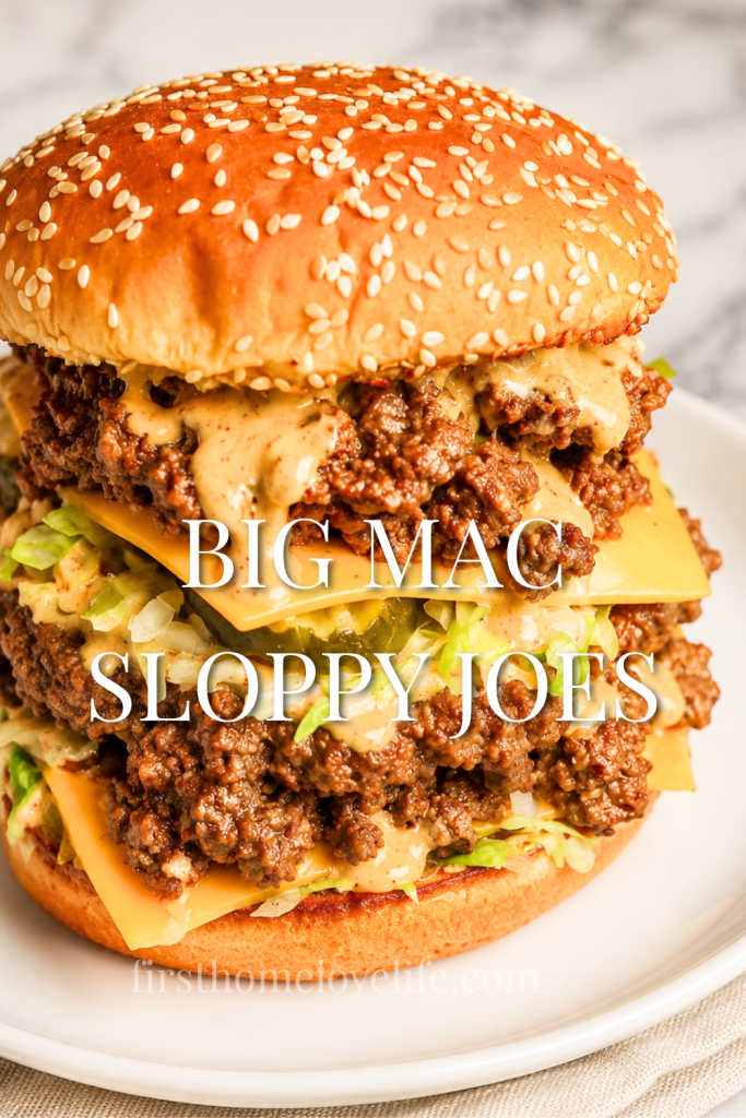 Big Mac sloppy joes on sesame seed buns with melty cheese, lettuce, pickles, and creamy burger sauce on a white plate