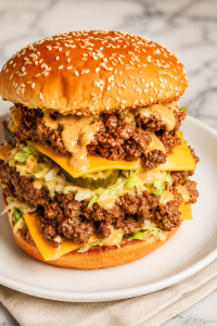 Big Mac sloppy joes stacked high on sesame seed buns with melty cheese, lettuce, pickles, and special sauce on a white plate