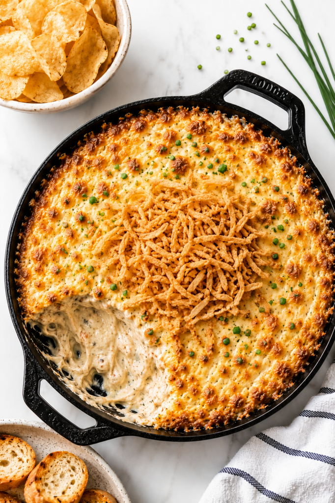 Creamy baked Bloomin’ Onion Dip topped with crispy fried onions in a cast iron skillet on a white marble countertop