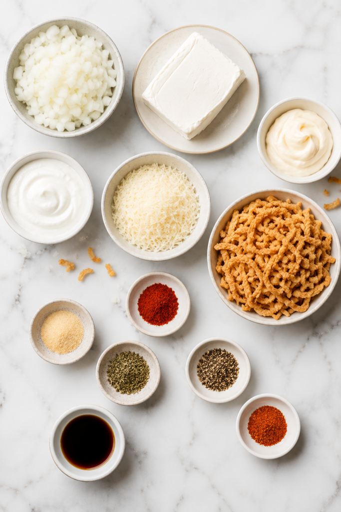 Flat lay of ingredients for Bloomin’ Onion Dip including cream cheese, Parmesan, sour cream, mayonnaise, spices, chopped onion, and crispy fried onions on a marble countertop