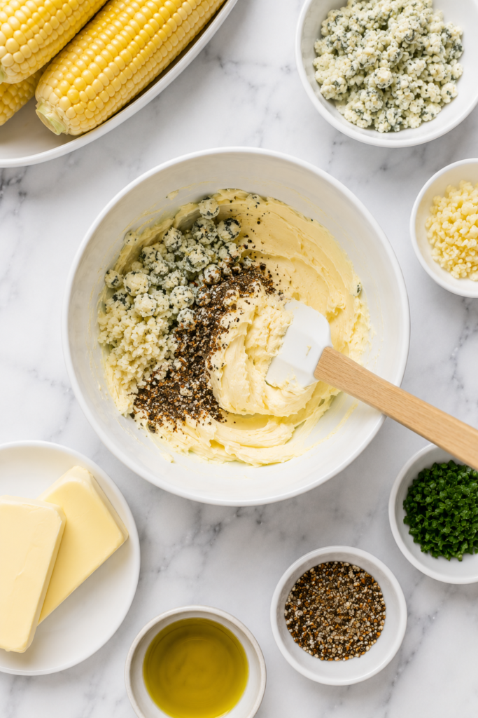 Blue cheese garlic compound butter ingredients being mixed in a white bowl on a marble countertop with corn and seasonings nearby.