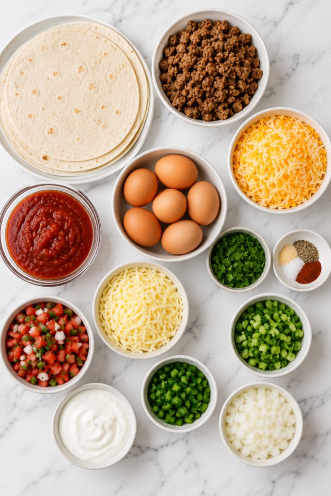 Flat lay of ingredients for breakfast enchilada bake including flour tortillas, eggs, breakfast sausage, shredded cheese, taco sauce, sour cream, pico de gallo, green onions, cilantro, and seasonings on a marble countertop.