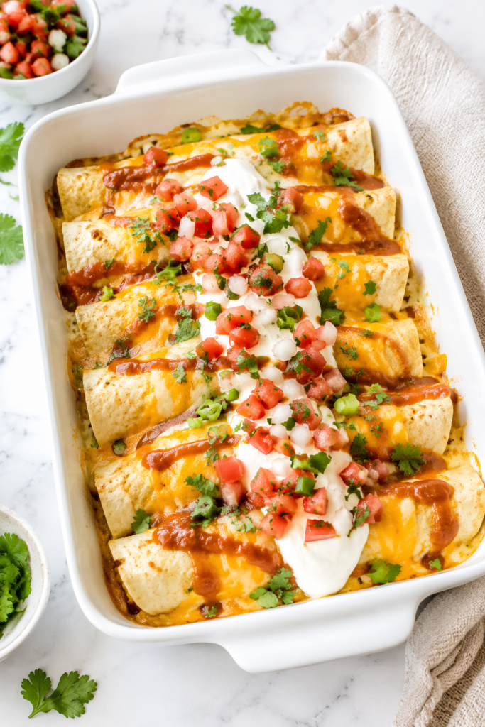 White baking dish filled with cheesy breakfast enchiladas topped with taco sauce, sour cream, pico de gallo, and fresh cilantro on a marble countertop.
