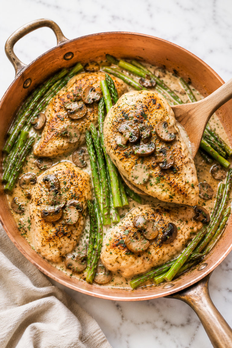 This easy Cheesecake Factory Chicken Madeira features tender chicken breasts, mushrooms, asparagus, and a rich Madeira wine sauce all cooked in a vintage copper skillet.