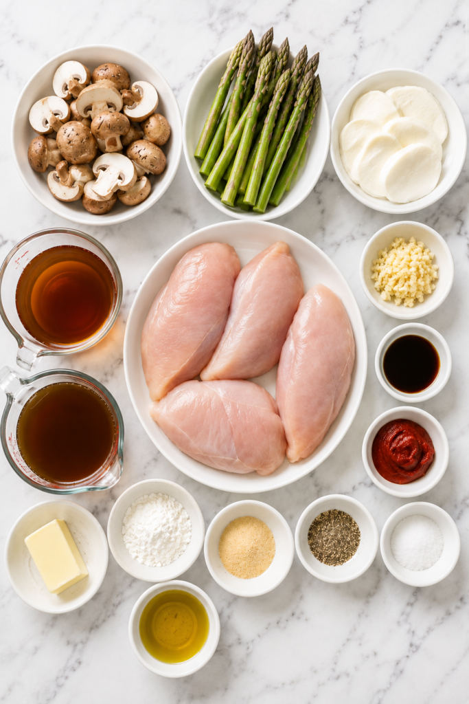 Flat lay of ingredients for Cheesecake Factory Chicken Madeira including chicken breasts, mushrooms, asparagus, mozzarella cheese, Madeira wine, broth, garlic, butter, and seasonings in white bowls on a marble countertop.