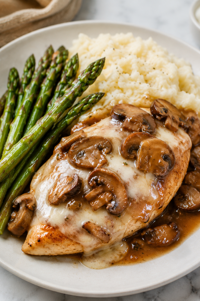Cheesecake Factory Chicken Madeira served over creamy mashed potatoes with melted mozzarella cheese, mushroom Madeira sauce, and roasted asparagus.