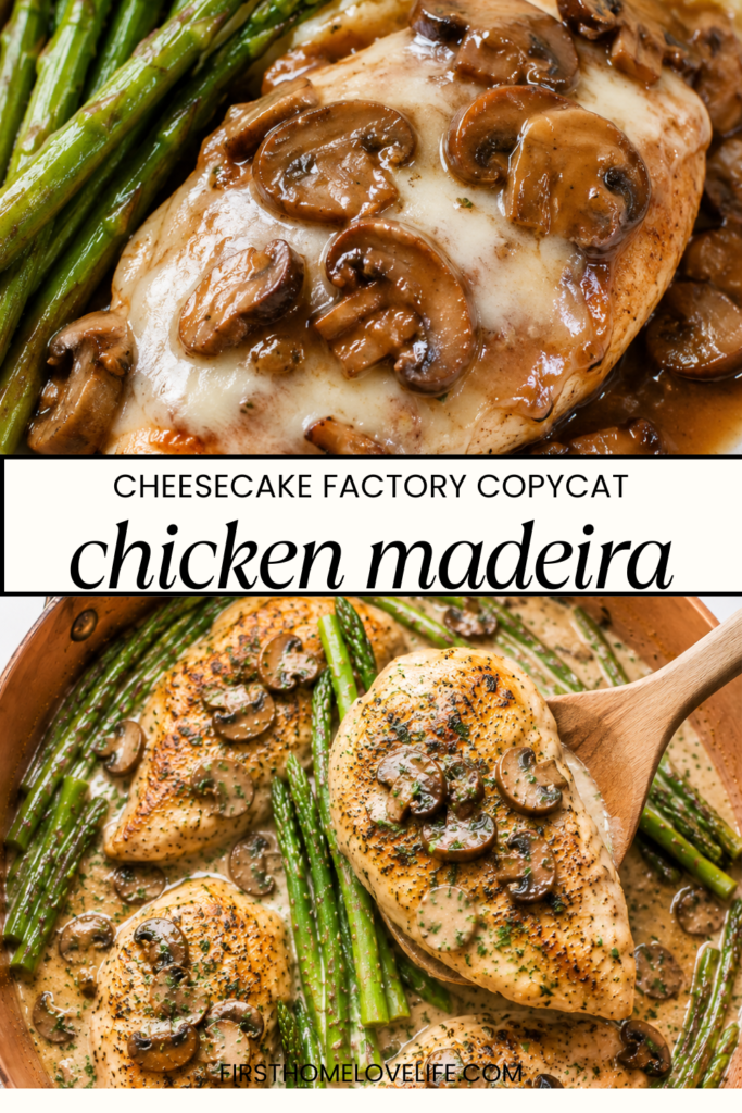 Cheesecake Factory copycat Chicken Madeira with mushrooms, melted mozzarella cheese, asparagus, and rich Madeira wine sauce in a vintage copper skillet.