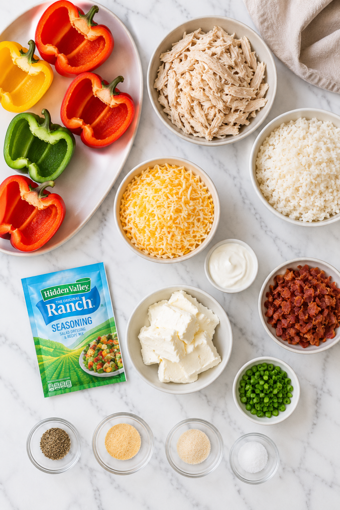 ingredients for chicken bacon ranch stuffed peppers on a white marble countertop including bell peppers, shredded chicken, cheese, bacon, rice, ranch seasoning, and cream cheese.