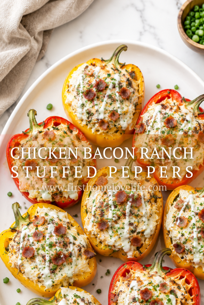 chicken bacon ranch stuffed peppers topped with melted cheese, ranch drizzle, crispy bacon, and chives 