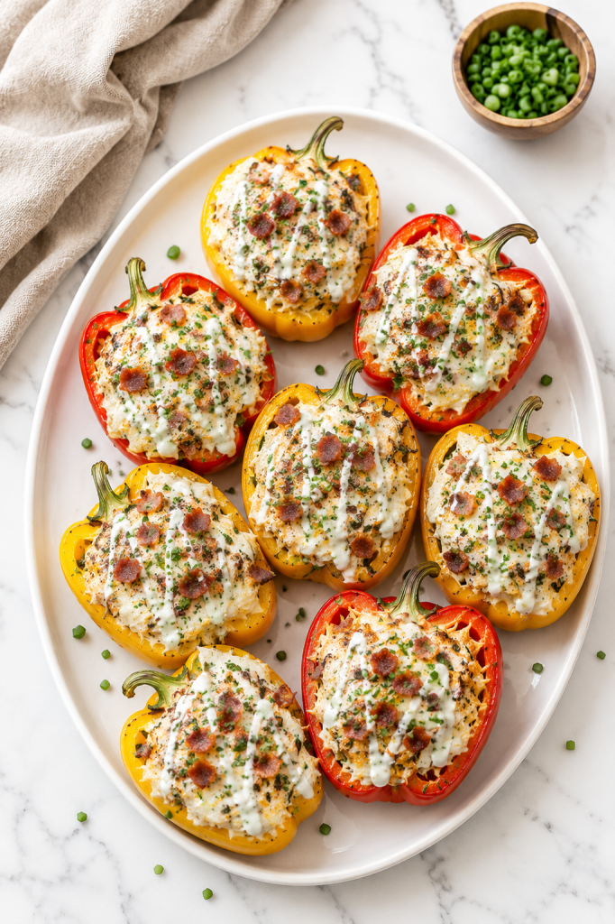 Chicken bacon ranch stuffed peppers topped with crispy bacon, ranch drizzle, melted cheese, and chives