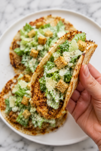 Golden crispy chicken Caesar smash tacos topped with fresh Caesar salad, shaved parmesan, and croutons on a white plate with a hand holding one taco folded open over a marble countertop.