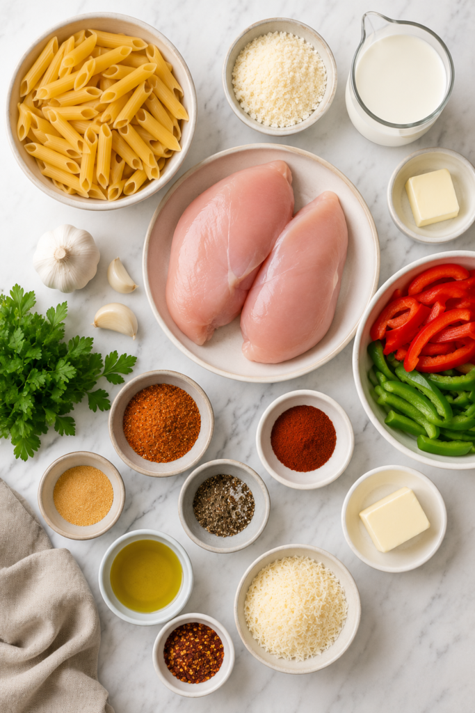 ingredients for creamy copycat Chili’s Cajun chicken pasta including chicken, penne pasta, Cajun seasoning, peppers, parmesan, cream, and garlic