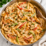 Creamy Copycat Chili’s Cajun Chicken Pasta with grilled chicken, penne pasta, parmesan cream sauce, and bell peppers in a silver skillet on a marble counter.