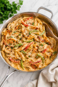 Creamy Copycat Chili’s Cajun Chicken Pasta with grilled chicken, penne pasta, parmesan cream sauce, and bell peppers in a silver skillet on a marble counter.