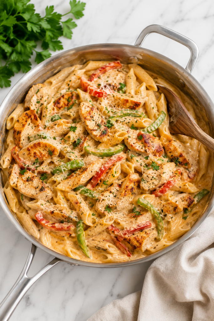 Creamy Copycat Chili’s Cajun Chicken Pasta with grilled chicken, penne pasta, parmesan cream sauce, and bell peppers in a silver skillet on a marble counter.