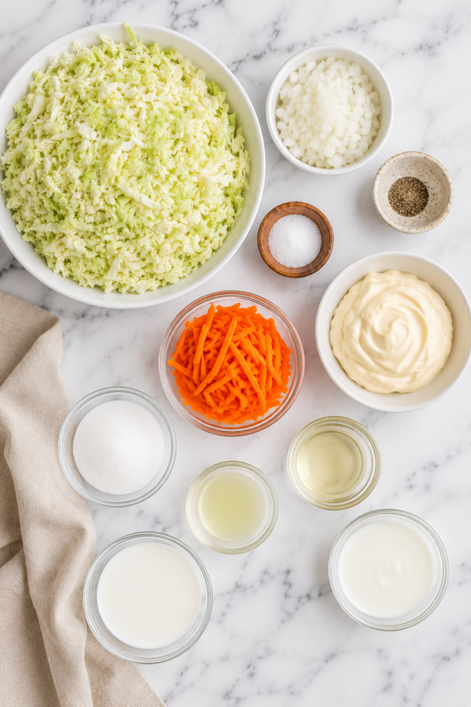 Simple ingredients for making creamy copycat KFC coleslaw, including fresh cabbage, carrots, onion, mayonnaise, sugar, milk, buttermilk, vinegar, and seasonings.