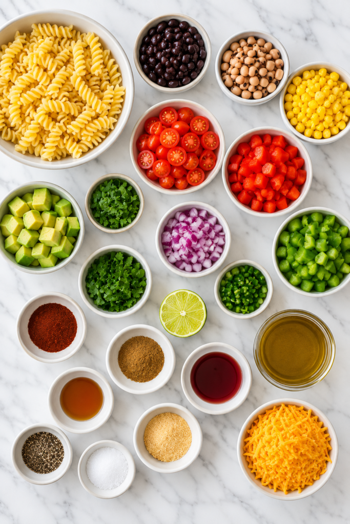 Flat lay of ingredients for cowboy caviar pasta salad including rotini pasta, black beans, corn, avocado, tomatoes, peppers, cilantro, lime, and dressing on a white marble countertop