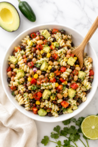 Cowboy caviar pasta salad with rotini pasta, black beans, corn, avocado, tomatoes, and peppers in a white bowl on a marble countertop with a wooden serving spoon