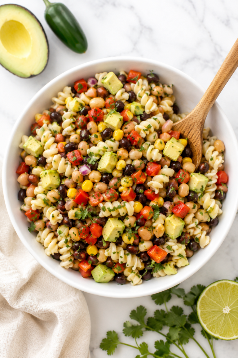 Cowboy caviar pasta salad with rotini pasta, black beans, corn, avocado, tomatoes, and peppers in a white bowl on a marble countertop with a wooden serving spoon