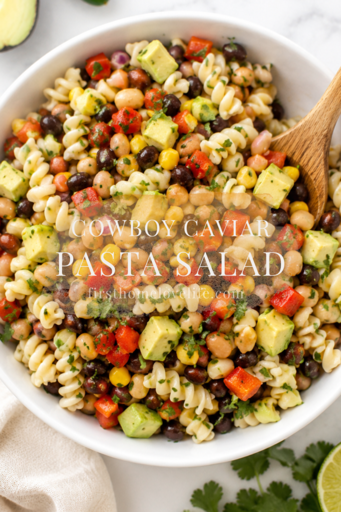 Cowboy caviar pasta salad with rotini pasta, black beans, corn, avocado, peppers, and cilantro in a white bowl with wooden spoon