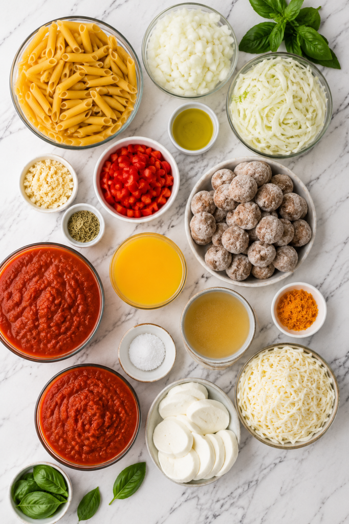 ingredients for crockpot meatball pasta bake including penne pasta, frozen meatballs, marinara sauce, mozzarella cheese, fennel, onion, orange juice, and basil on a marble countertop