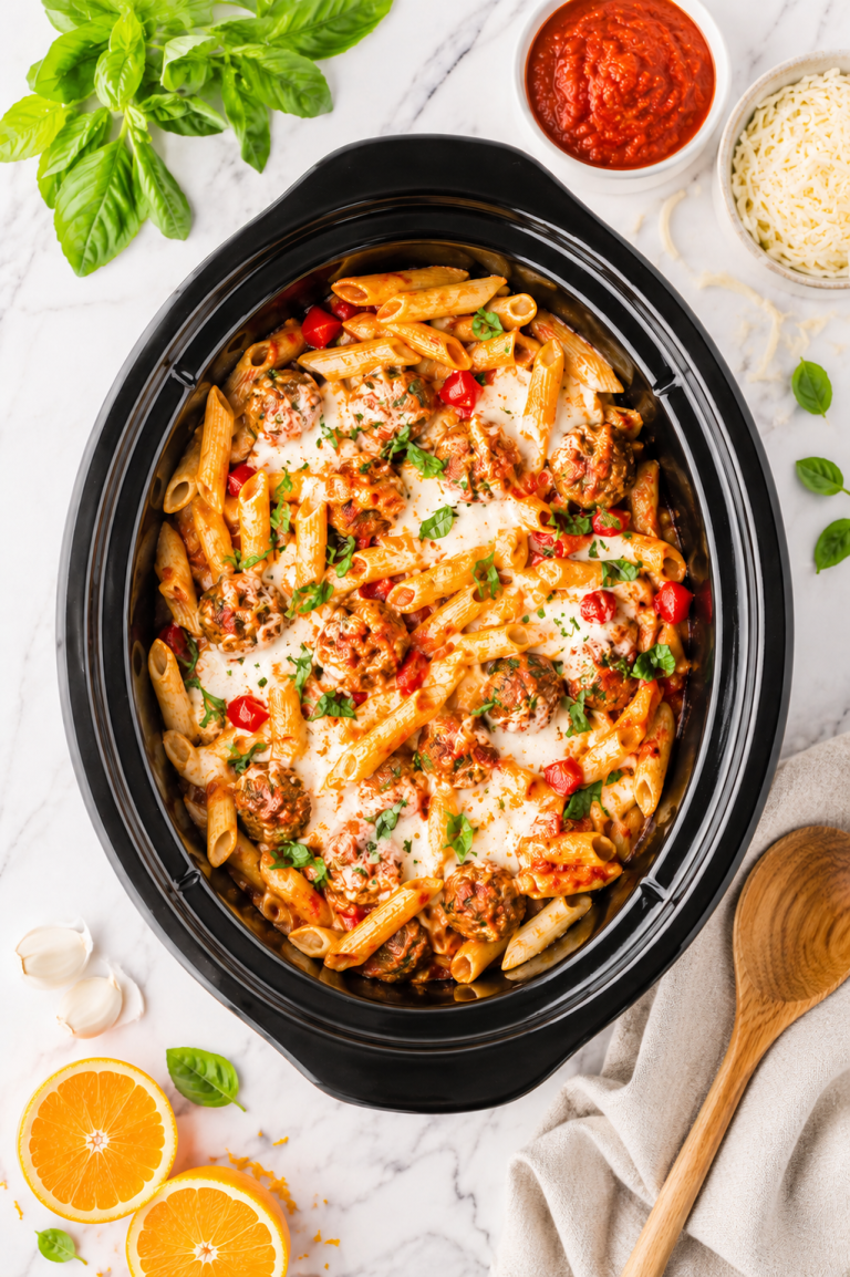 Crockpot meatball pasta bake with penne pasta, marinara sauce, mozzarella cheese, and basil in a black slow cooker on a white marble countertop
