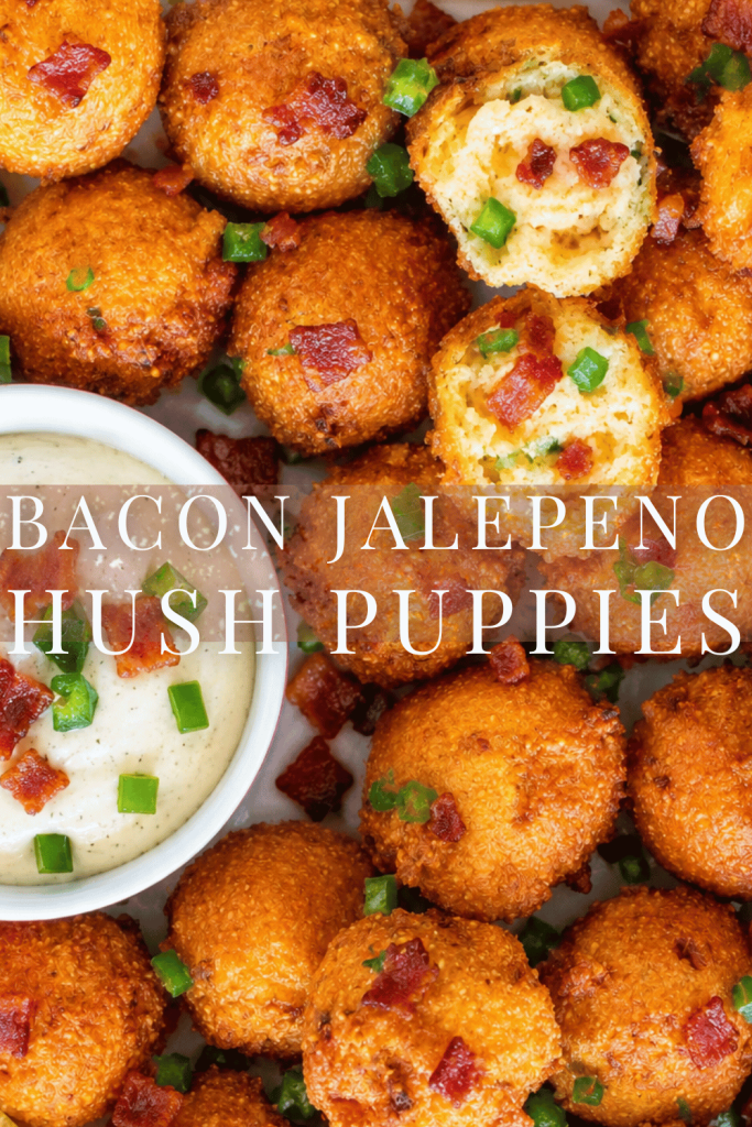 bacon jalapeño hush puppies featuring crispy golden cornmeal fritters topped with bacon and diced jalapeños served with creamy ranch dipping sauce.