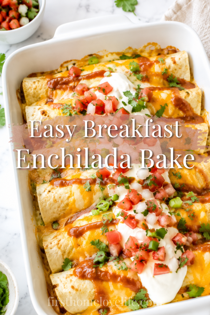 Breakfast enchilada bake topped with taco sauce, sour cream, pico de gallo, and melted cheese in a white baking dish.