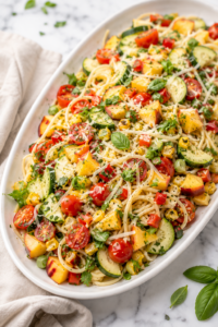 Fresh farmer’s market spaghetti salad with cherry tomatoes, zucchini, peaches, corn, basil, cilantro, Parmesan, and Italian vinaigrette