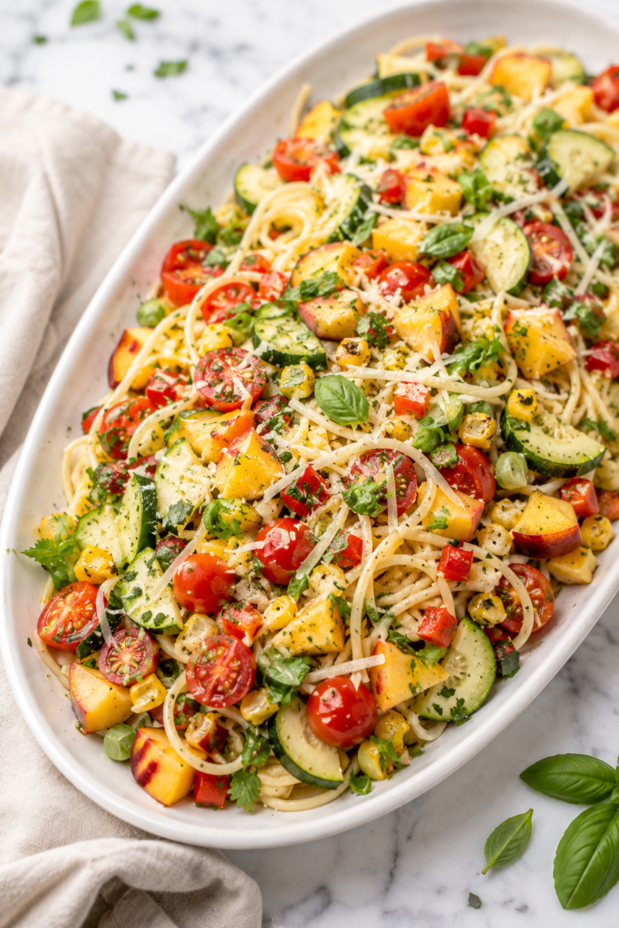 Fresh farmer’s market spaghetti salad with cherry tomatoes, zucchini, peaches, corn, basil, cilantro, Parmesan, and Italian vinaigrette