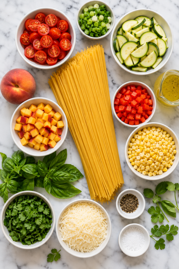 ingredients for farmer’s market spaghetti salad including spaghetti, cherry tomatoes, zucchini, peaches, corn, basil, cilantro, Parmesan, green onions, and Italian vinaigrette