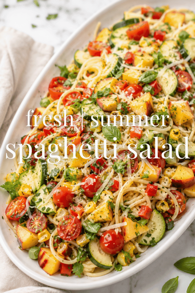 Fresh summer spaghetti salad with cherry tomatoes, zucchini, peaches, corn, basil, Parmesan, and Italian vinaigrette served on a white platter