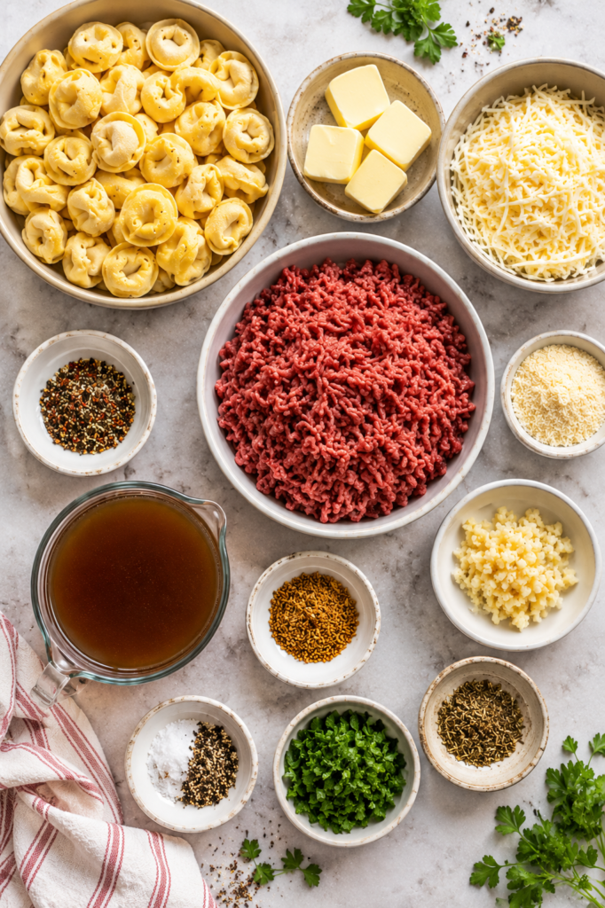 Flat lay of ingredients for garlic butter beef tortellini including ground beef, cheese tortellini, garlic, butter, broth, and shredded cheese on a marble counter