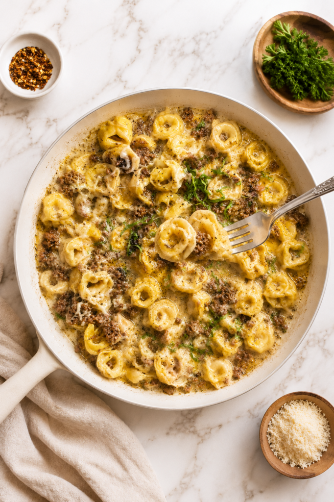 Garlic butter beef tortellini skillet with cheesy tortellini and ground beef in a creamy buttery sauce on a marble countertop with a fork lifting a bite