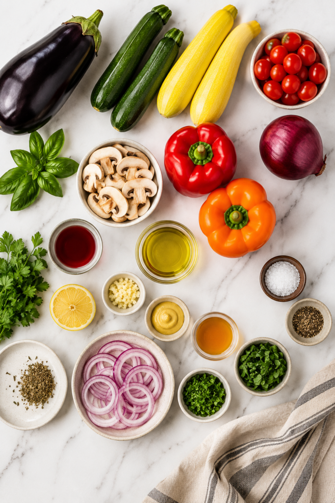 Flat lay of ingredients for grilled ratatouille salad including eggplant, zucchini, squash, peppers, mushrooms, tomatoes, herbs, and vinaigrette ingredients on a marble countertop