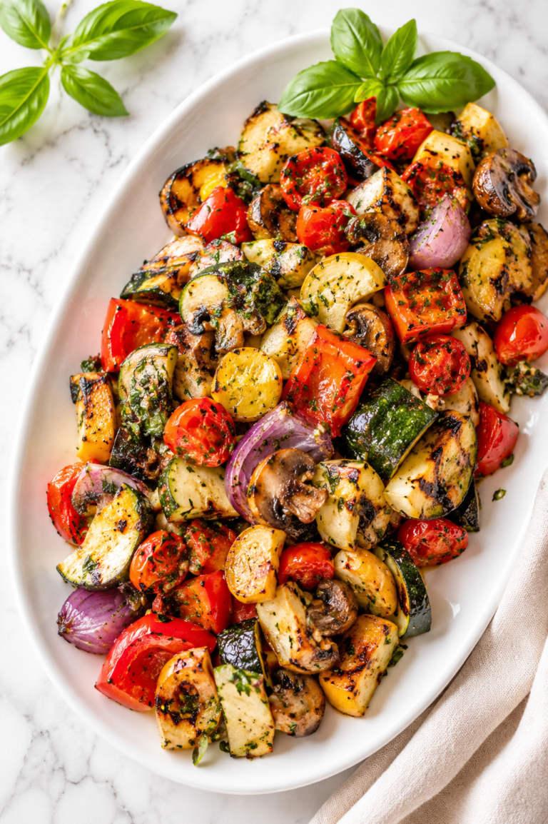 Grilled ratatouille salad with zucchini, squash, mushrooms, peppers, onions, and tomatoes on a white platter over a marble countertop