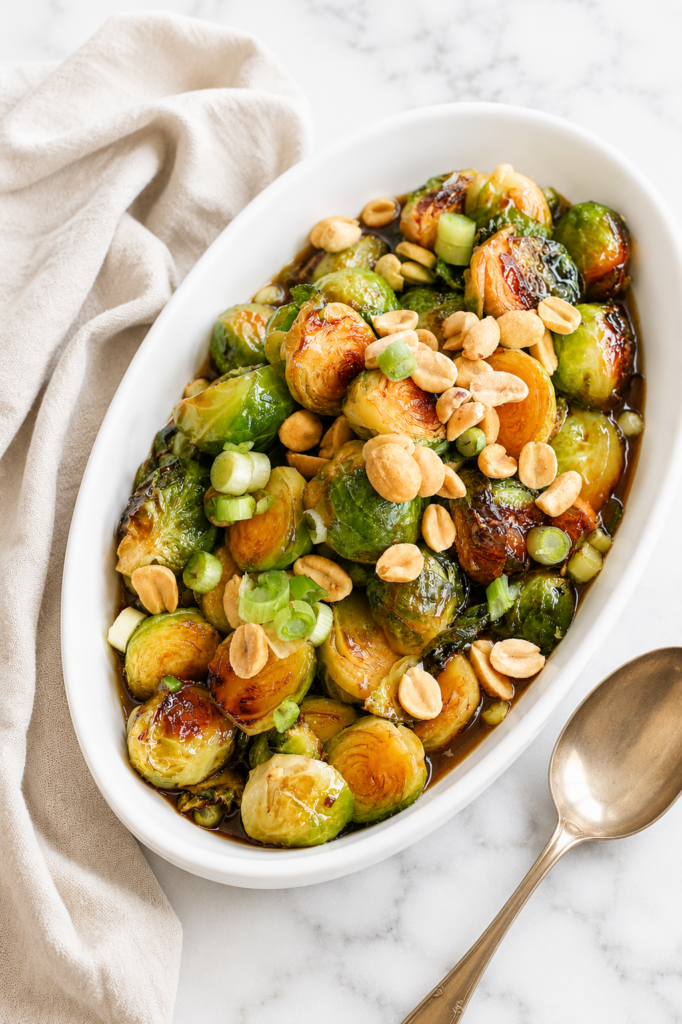 Kung pao Brussels sprouts in a white serving bowl topped with peanuts and green onions on a marble counter with a linen towel and serving spoon