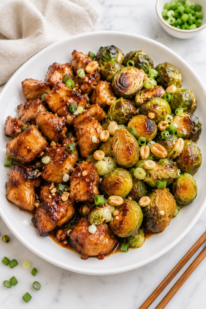 Kung pao chicken and roasted Brussels sprouts plated in a white bowl with peanuts and green onions on a marble countertop