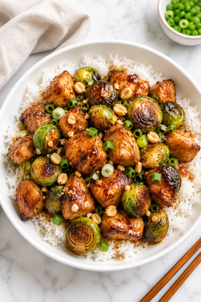 Kung pao chicken and roasted Brussels sprouts served over white rice in a white bowl topped with peanuts and green onions