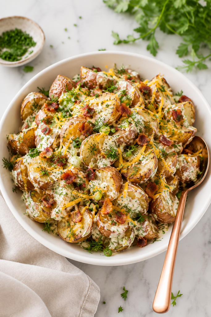 Loaded crispy potato salad with roasted baby potatoes, bacon, cheddar cheese, creamy dressing, and fresh herbs in a white bowl on a marble countertop.