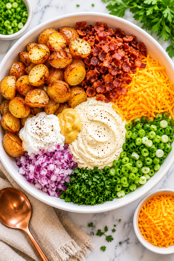 Ingredients for loaded crispy potato salad arranged in a large white bowl before mixing, including roasted potatoes, bacon, cheddar cheese, green onions, sour cream, and creamy dressing.