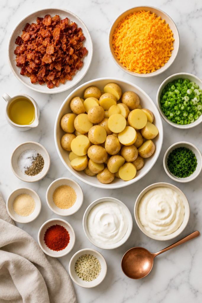Flat lay of ingredients for loaded crispy potato salad including baby potatoes, bacon, cheddar cheese, sour cream, mayonnaise, green onions, and seasonings on a marble countertop.