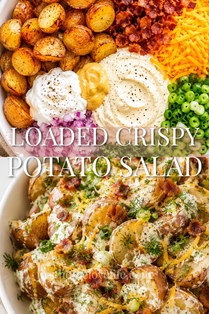 Pinterest pin for loaded crispy potato salad featuring crispy roasted potatoes, bacon, cheddar cheese, green onions, and creamy dressing in a white bowl.
