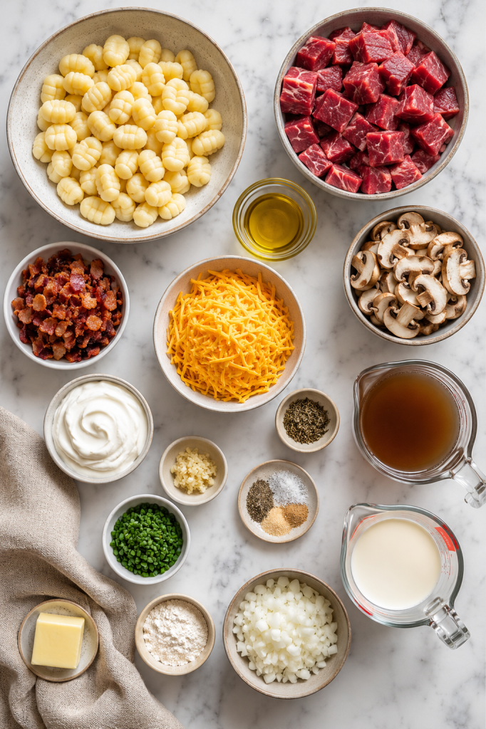 ingredients for creamy loaded steak and gnocchi skillet including steak, potato gnocchi, cheddar cheese, bacon, mushrooms, sour cream, broth, and chives