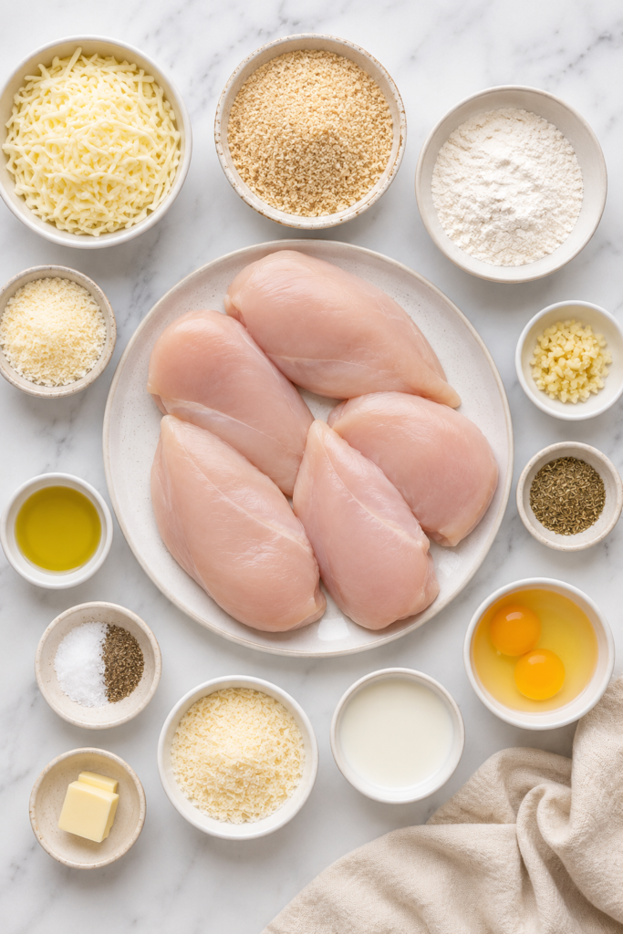 Flat lay of ingredients for Longhorn Steakhouse Parmesan Chicken including chicken breasts, mozzarella cheese, parmesan cheese, breadcrumbs, eggs, flour, garlic, and seasonings on a white marble countertop