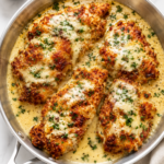 Crispy parmesan crusted chicken in creamy sauce served in a stainless steel skillet on a white marble countertop