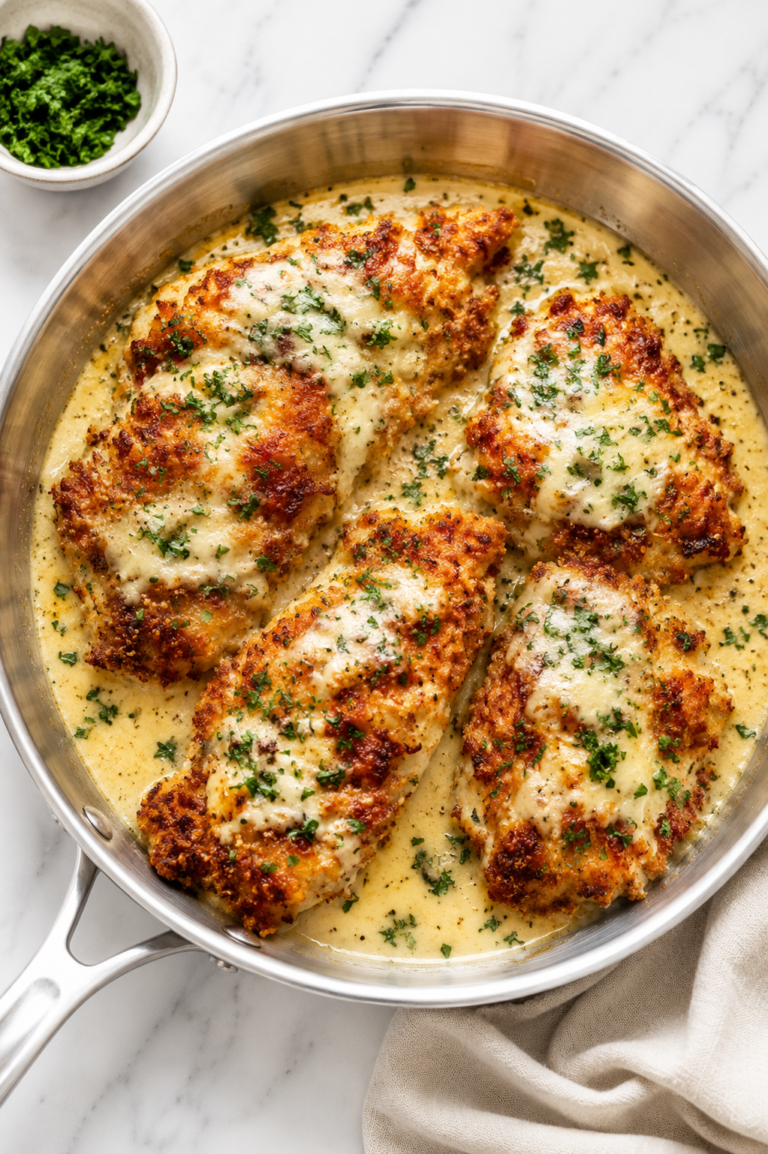 Crispy parmesan crusted chicken in creamy sauce served in a stainless steel skillet on a white marble countertop