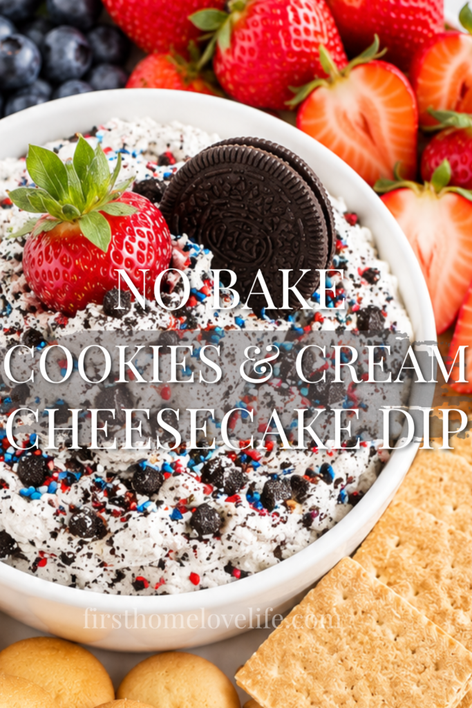 Pinterest pin featuring no bake cookies and cream cheesecake dip topped with crushed chocolate cookies and sprinkles in a white bowl with strawberries, blueberries, graham crackers, and vanilla wafers.