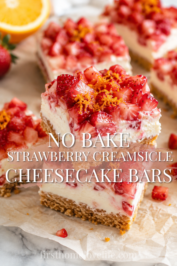 No-Bake Strawberry Creamsicle Cheesecake Bars topped with fresh strawberries and orange zest on parchment paper over a marble countertop.